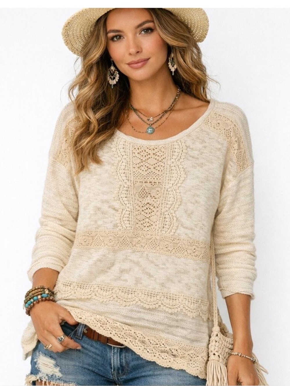 One September by Anthropologie Chic Cream Lace knit Sweater boho‎ bohemian chic